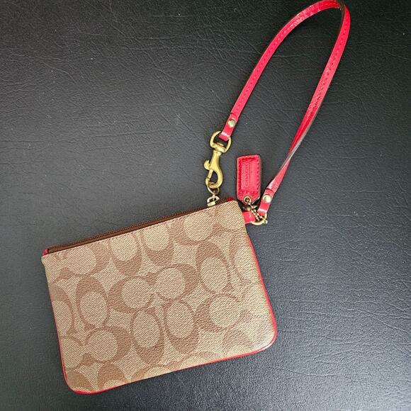 Coach Peyton Signature Brown & Pink Wristlet Gold Logo Card Holder Wallet Pouch - Picture 2 of 15